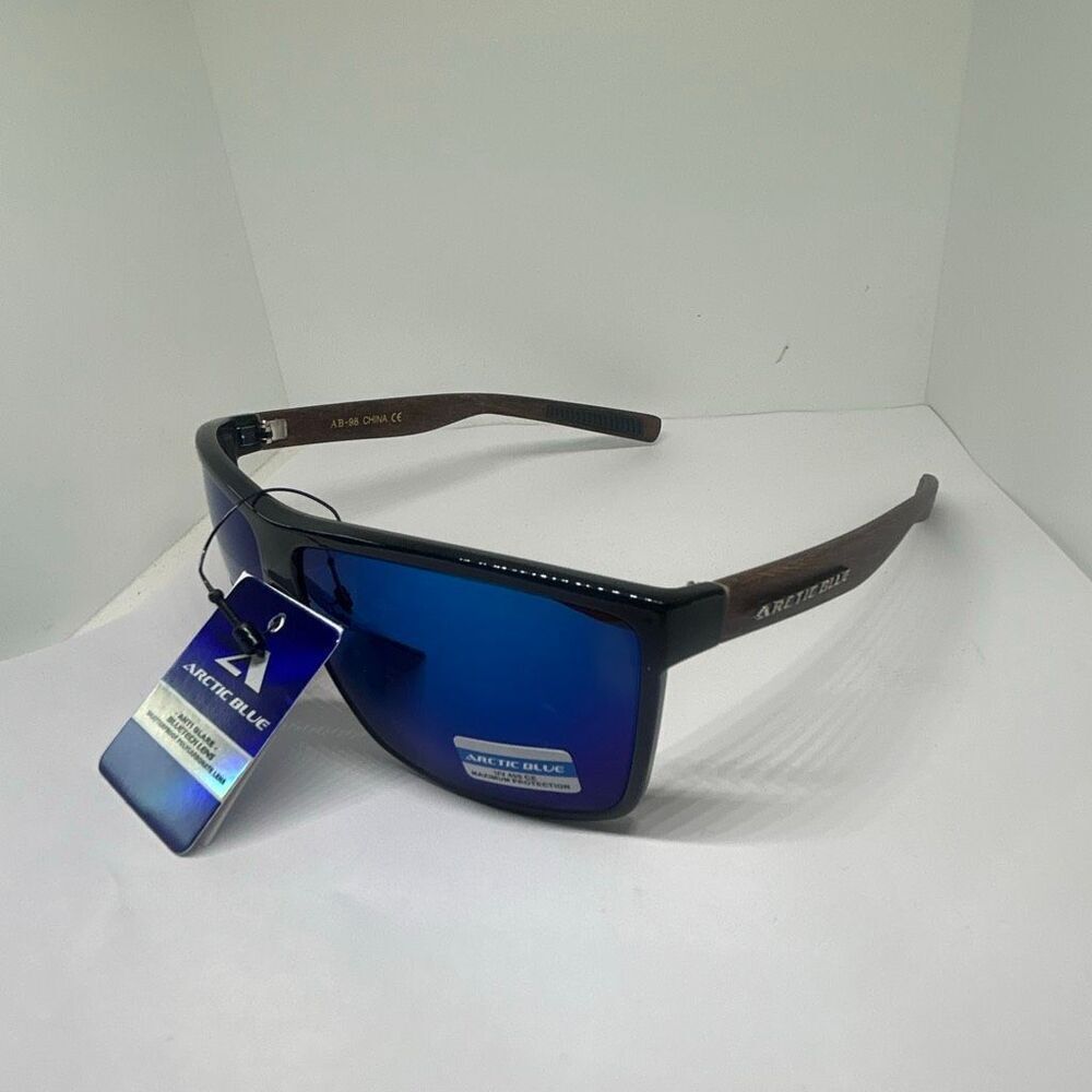 Arctic Blue Shield Wrap Sunglasses – Mirrored Blue Lens UV Protection Wood Print